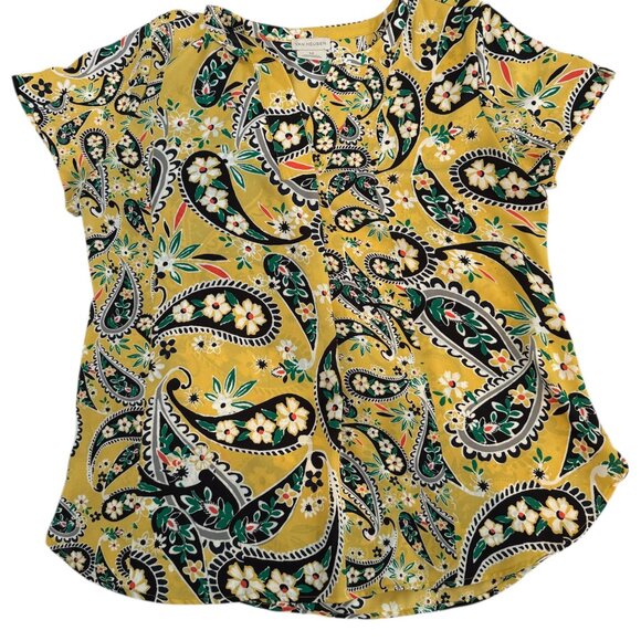 Van Heusen Women’s Blouse Medium – Yellow Paisley Floral Print Short Sleeve Top - Picture 1 of 5